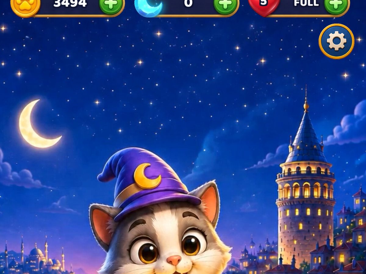 Key art from Moonpaw Manor: a wizard cat before Galata Tower at night