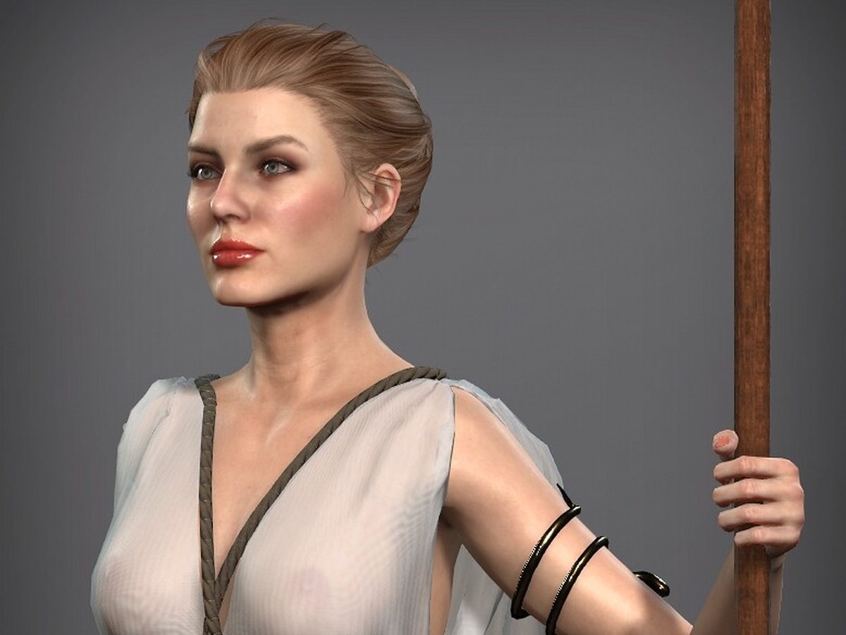 The Lady with the Torch — realistic female character in a light robe