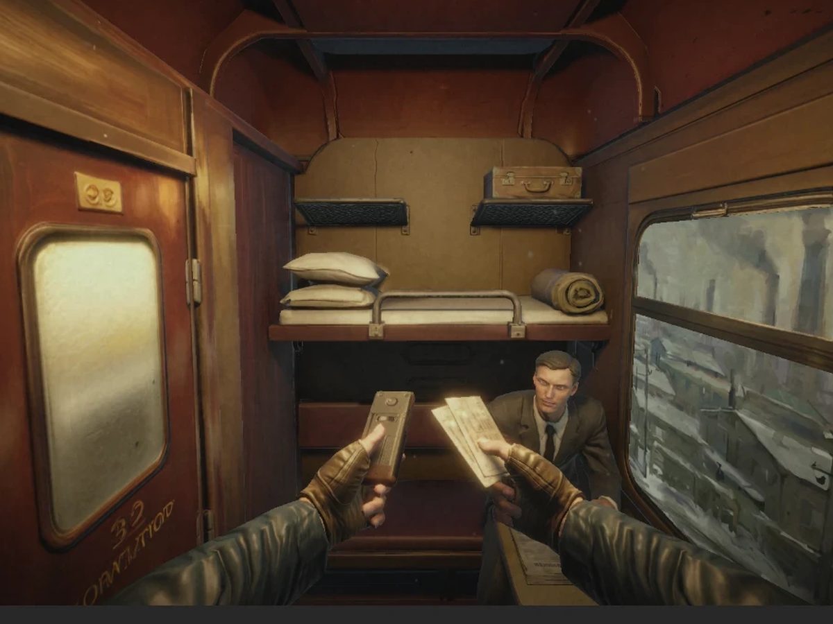 Soviet train cabin interior, warm lamplight, hands holding a book